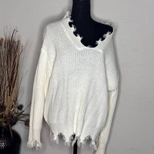 Distressed V-Neck Knitted Pullover Sweater